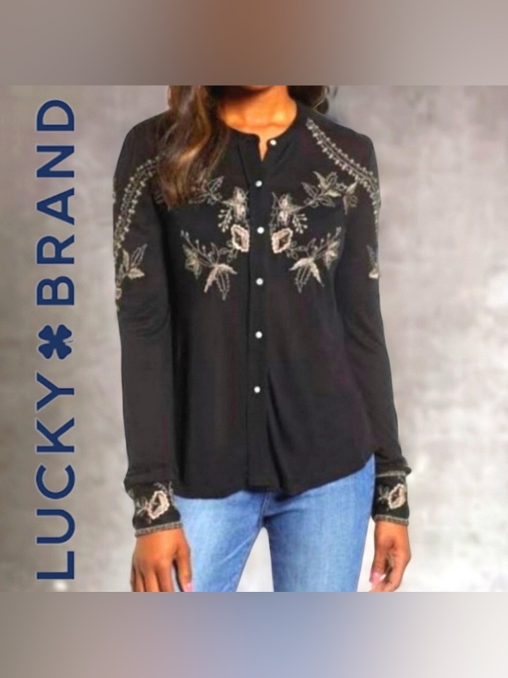 Lucky Brand Black Embroidered Semi Sheer Button Down Shirt Size S